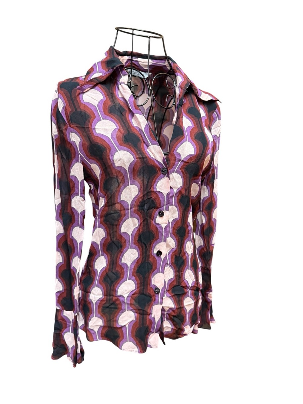 Zara Retro Geometric Button-Down Shirt in Purple and Pink XS